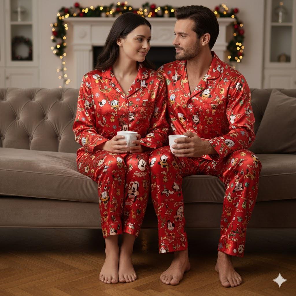 Disney Mickey and Friends Christmas Satin Pajama Set, Mickey Mouse And Friends Signature Christmas Pjs, Mickey's Very Merry Christmas Party