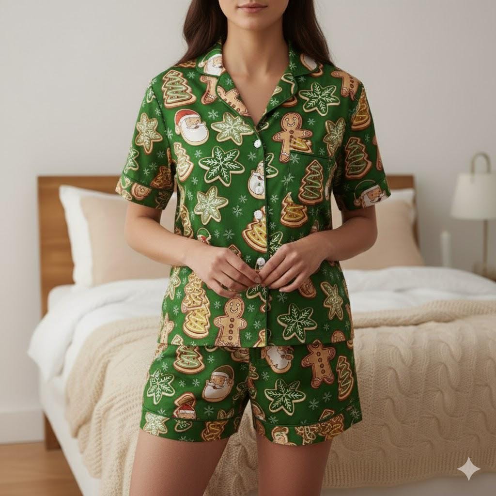 Gingerbread Santa Snowflakes Candy Christmas Satin Pajama Set, Gingerbread Pajama, Santa Claus Pajamas, Family Matching Christmas Pajamas