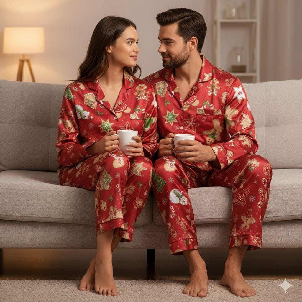 Red Christmas Baking With Gingerbread Cookies Snowman Satin Pajama Set, Gingerbread Pajamas, Xmas Pajamas, Family Matching Christmas Pajamas