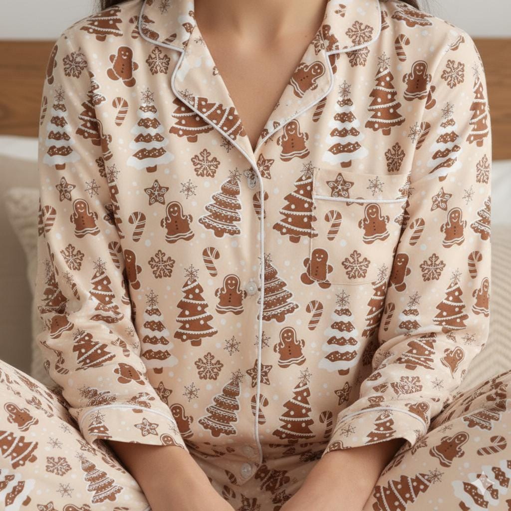Christmas Baking With Gingerbread Cookies Chrismas Tree Candy Canes Satin Pajama Set, Gingerbread Pajamas, Family Matching Christmas Pajamas
