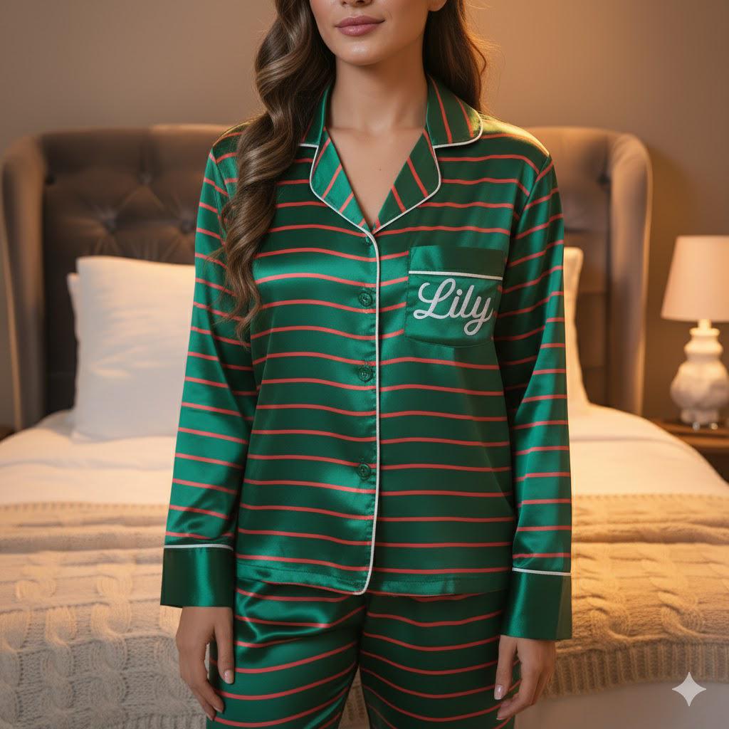 Personalized Name Family Green Red Striped Satin Pajamas Set, Christmas Pajamas, Family Matching Xmas Pajamas, Family Christmas Pajamas