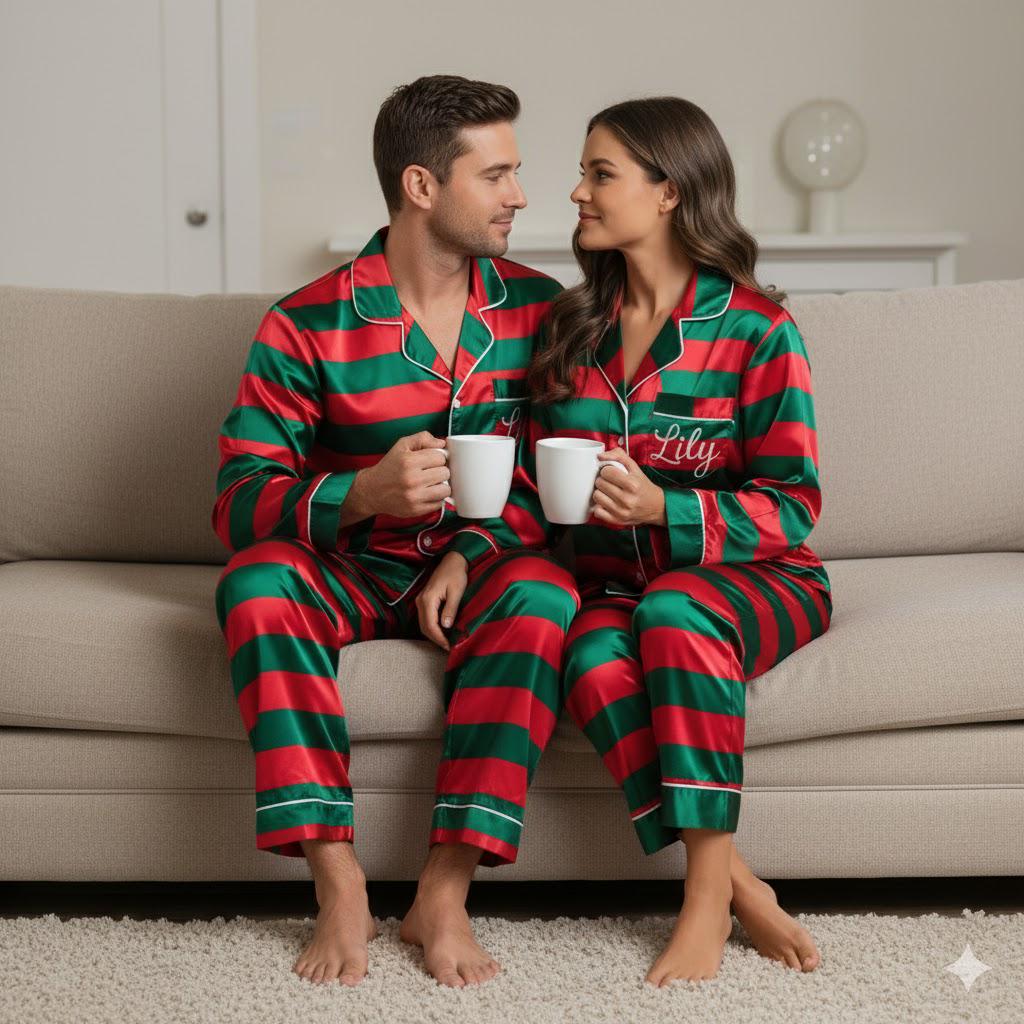 Personalized Name Green Red Striped Family Christmas Satin Pajamas Set, Christmas Pajamas, Family Matching Pajama, Family Christmas Pajamas
