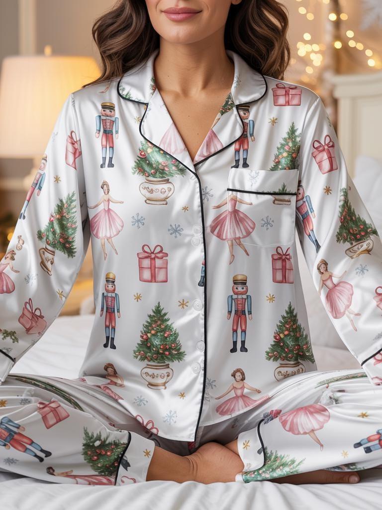 Pink Nutcracker Ballet Christmas Satin Pajamas Set, Nutcracker Pajamas, Christmas Pajamas, Nutcracker Ballerina, Family Matching Xmas Pajama
