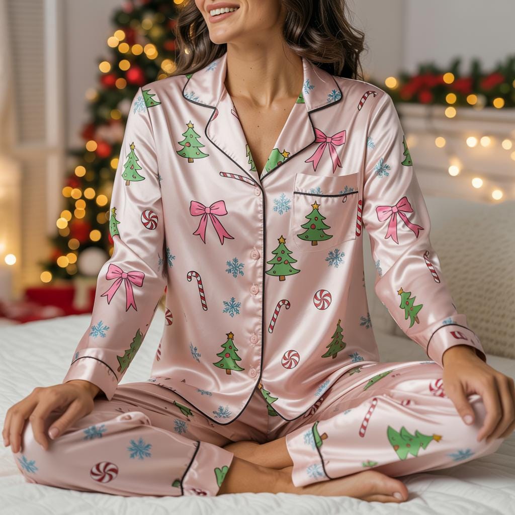 Coquette Christmas Satin Pajamas Set, Candy Canes Christmas Tree Pajamas, Christmas Pajamas, Family Matching Xmas Pajama, Coquette Pajamas