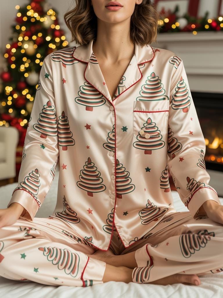 Christmas Tree Cake Satin Pajamas Set, Christmas Cake Pattern Pajamas, Christmas Pajamas, Family Matching Christmas Pajama, Holiday Pajamas