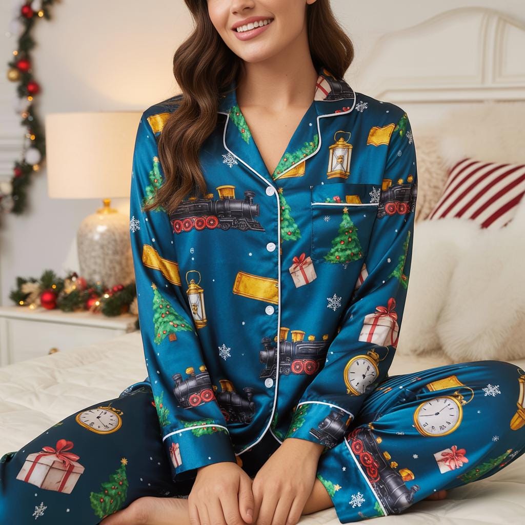 Christmas Train Satin Pajamas Set, Polar Express Inspired Sleepwear, Matching Family Xmas Pajama, Christmas Pajamas, Christmas Train Pajamas