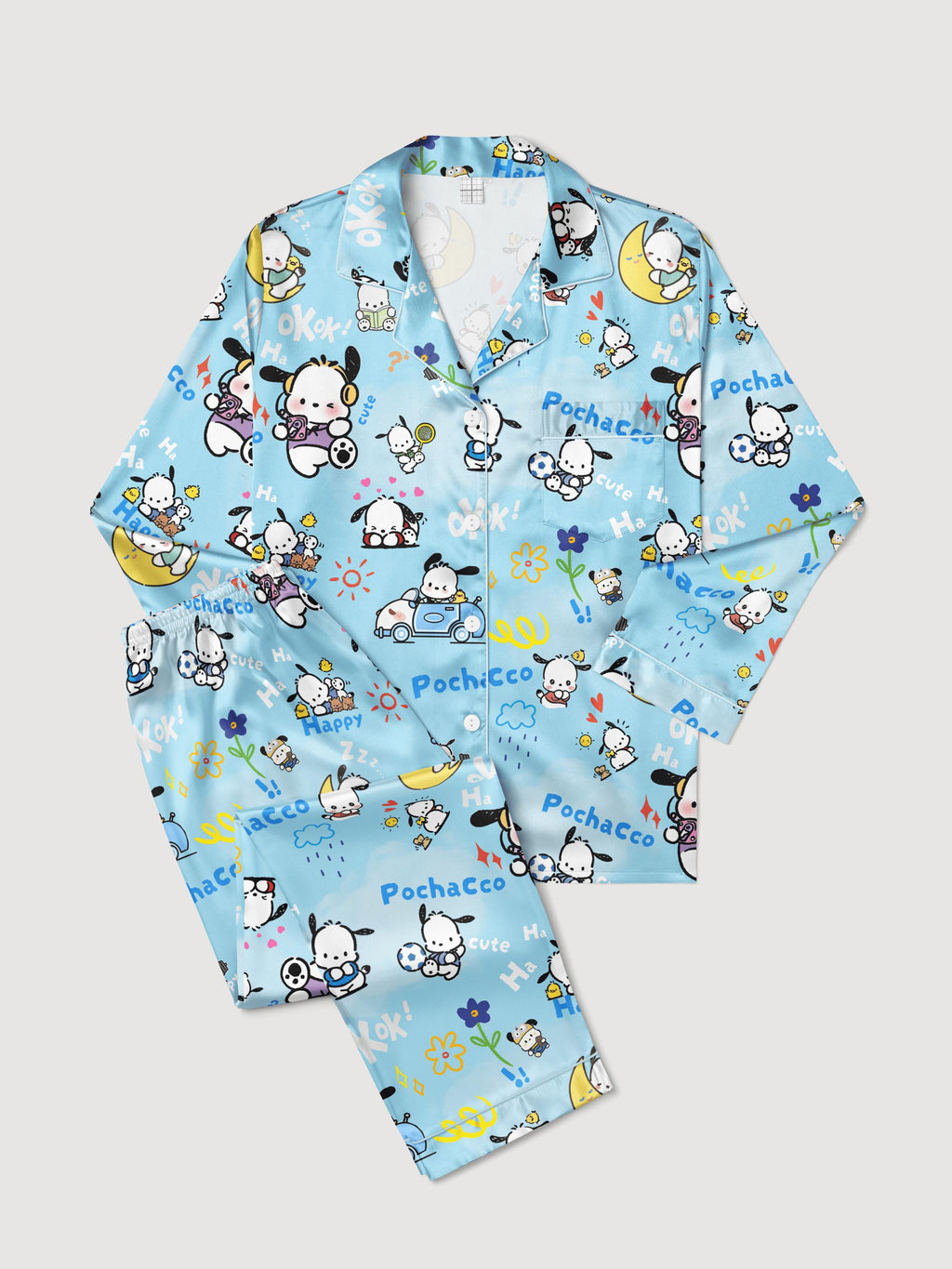 Little Puppy Kawaii Satin Pajamas Set, Kawaii Puppy Sleepwear, Cute Birthday Gift, Halloween Christmas Gift Shirt