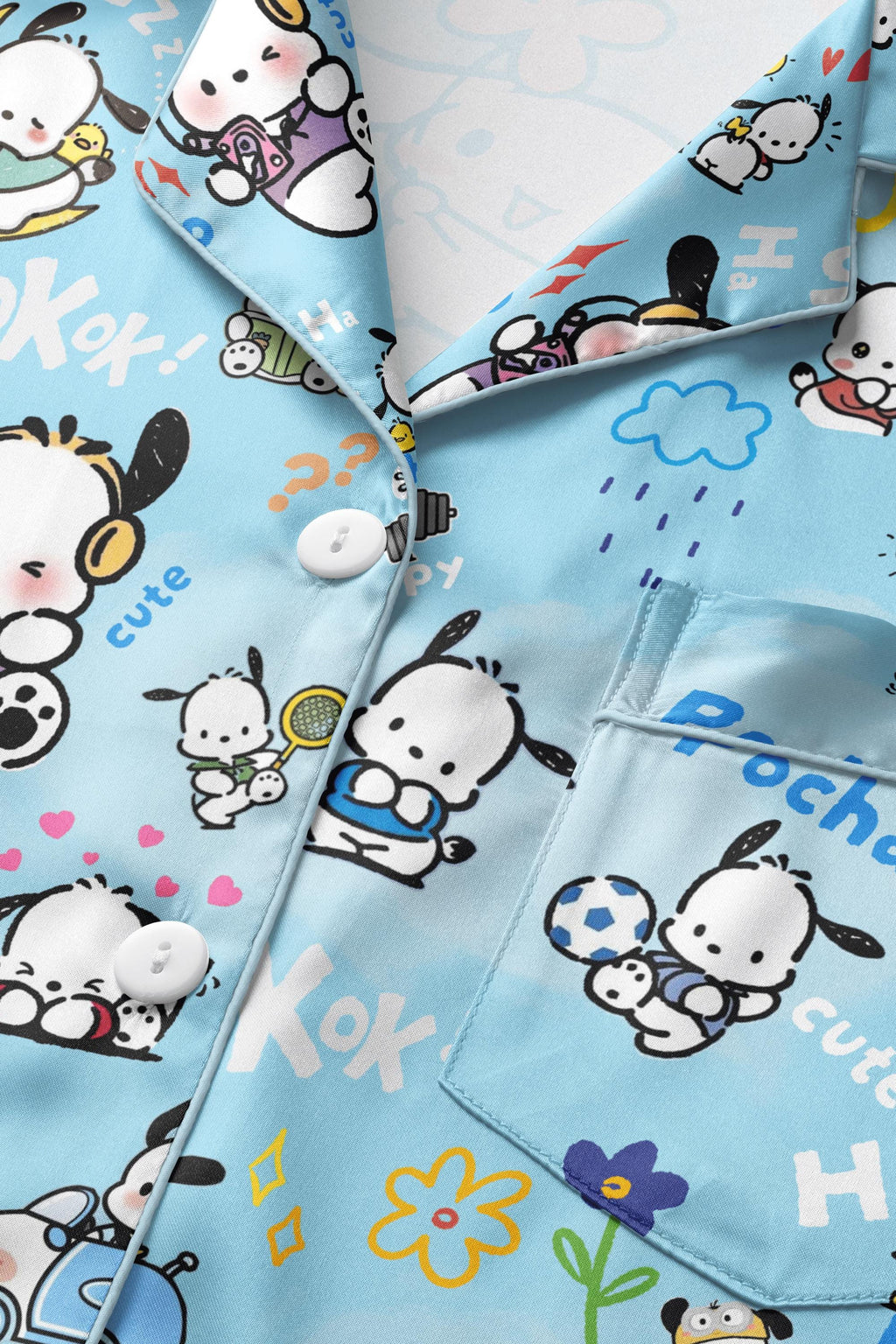 Little Puppy Kawaii Satin Pajamas Set, Kawaii Puppy Sleepwear, Cute Birthday Gift, Halloween Christmas Gift Shirt