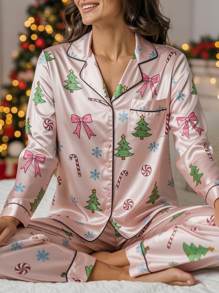 Coquette Christmas Satin Pajamas Set, Candy Canes Christmas Tree Pajamas, Christmas Pajamas, Family Matching Xmas Pajama, Coquette Pajamas