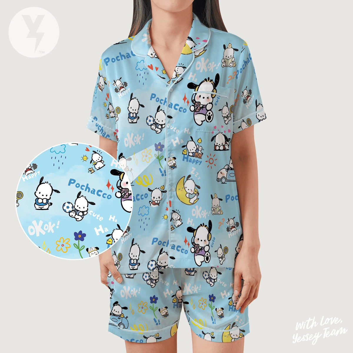 Little Puppy Kawaii Satin Pajamas Set, Kawaii Puppy Sleepwear, Cute Birthday Gift, Halloween Christmas Gift Shirt