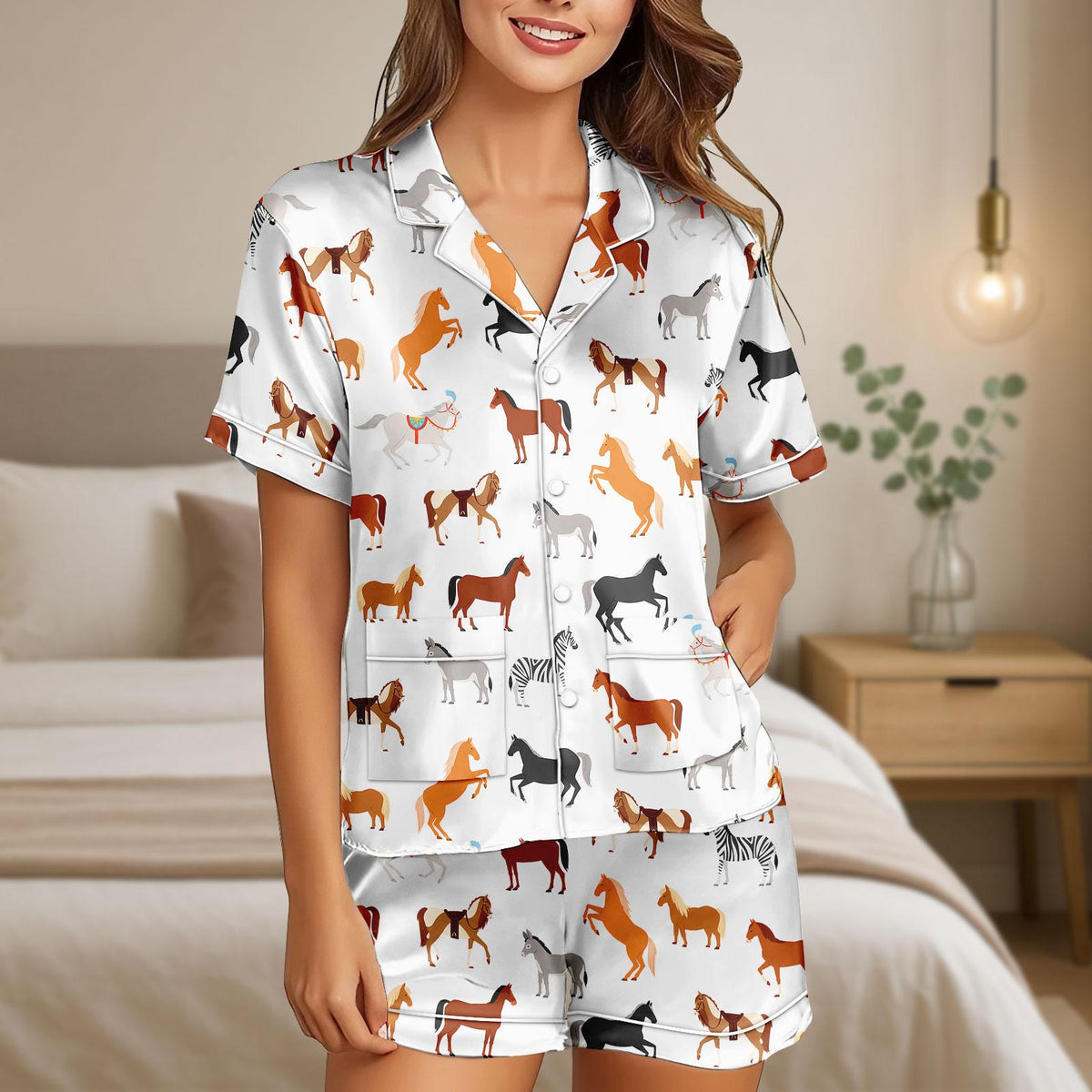 Horse Satin Pajamas, Horse Lover Gift, Horse Racing Women Pajamas, Bridal Party Pajamas