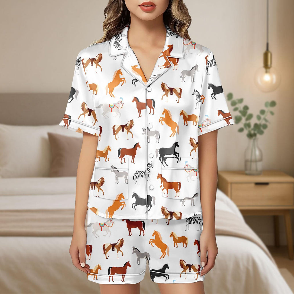 Horse Satin Pajamas, Horse Lover Gift, Horse Racing Women Pajamas, Bridal Party Pajamas