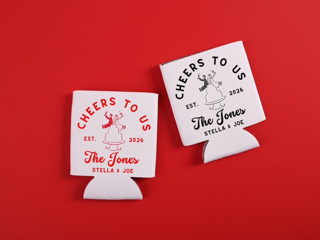 Wedding Cake Personalized Can Coolers - Cheers Bride and Groom Drink Sleeves - Custom Party Favors