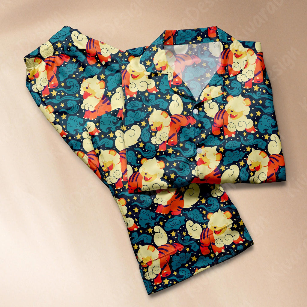Hisuian Growlithe Pajama Set, Fire Dog Anime Stone Polyester Sleepwear Gift Cozy Shirt Set