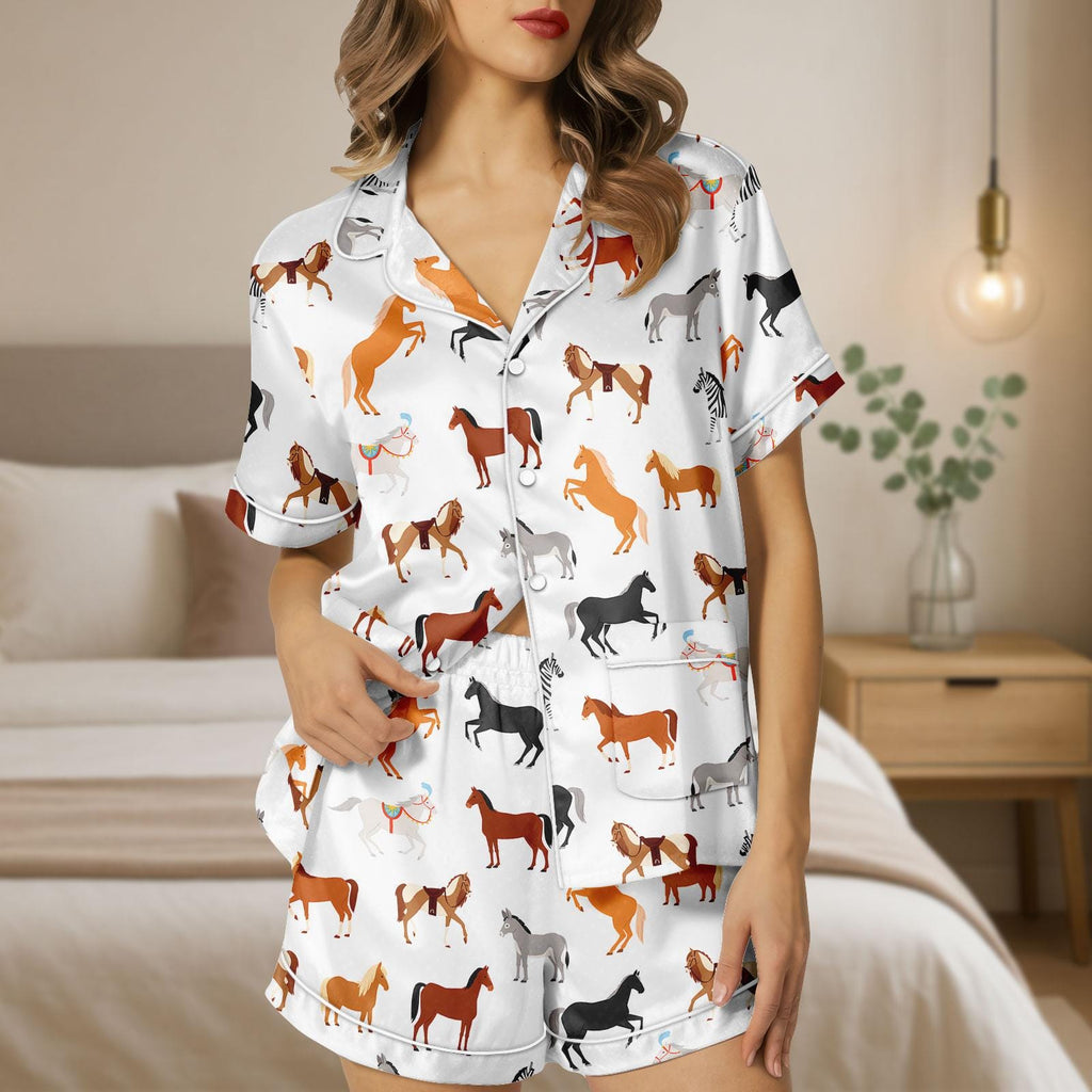 Horse Satin Pajamas, Horse Lover Gift, Horse Racing Women Pajamas, Bridal Party Pajamas