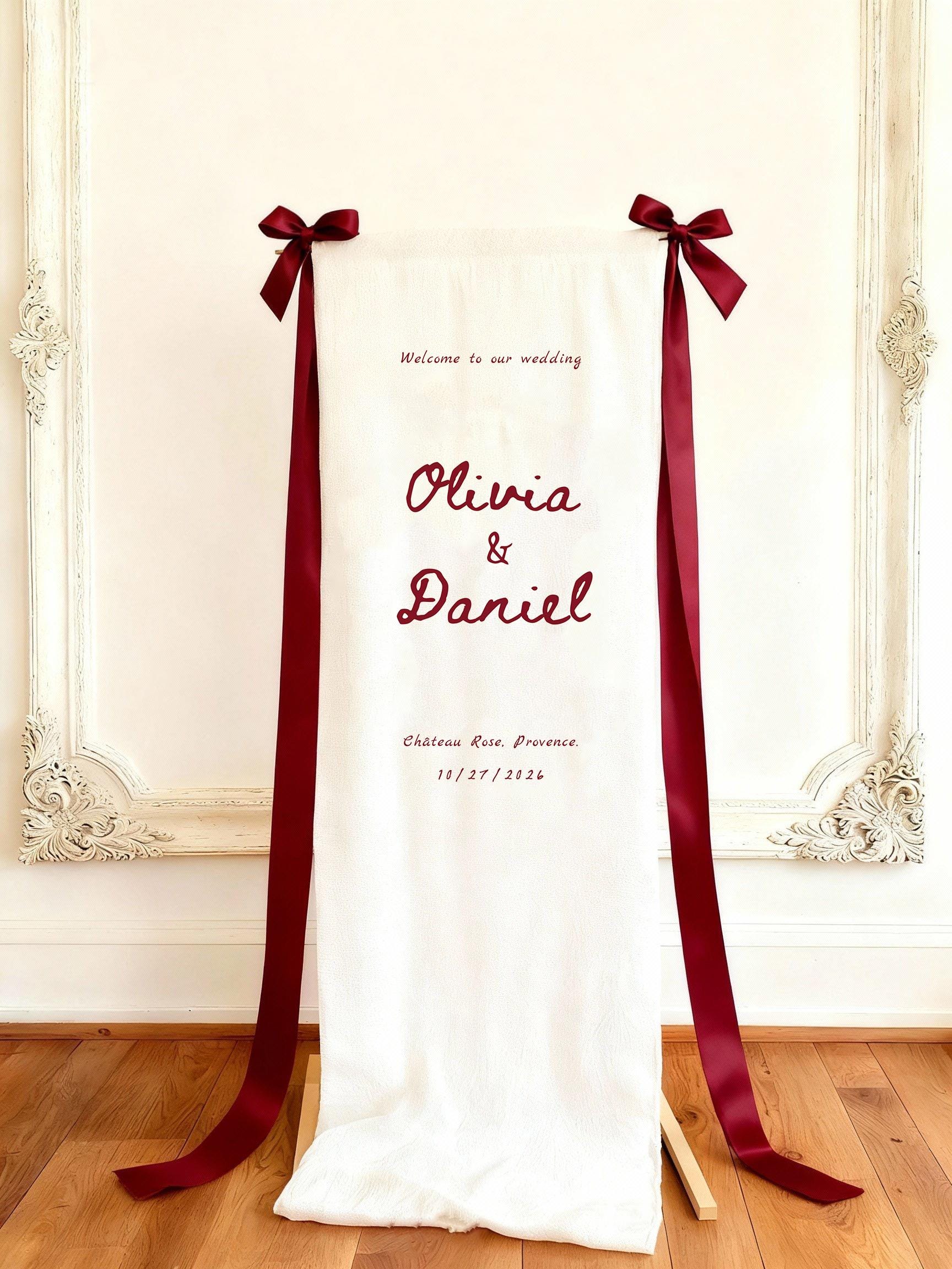 Custom wedding welcome sign, Linen Wedding Sign, canvas chiffon Fabric Banner with Collapsible Stand, destination wedding, 35