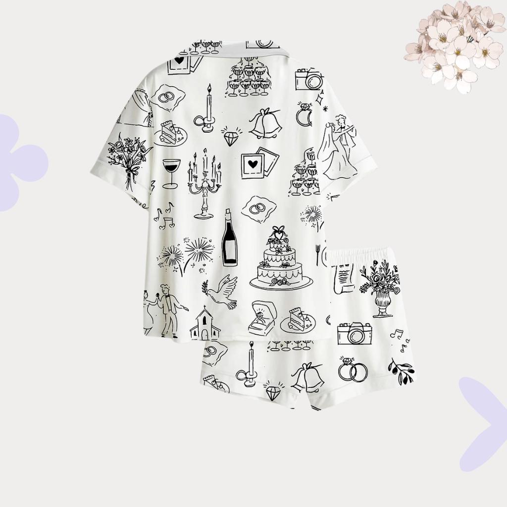 Women's Wedding Pajamas, Romantic Line Art Sleepwear, Button Up Lounge Set, Gift for Bride