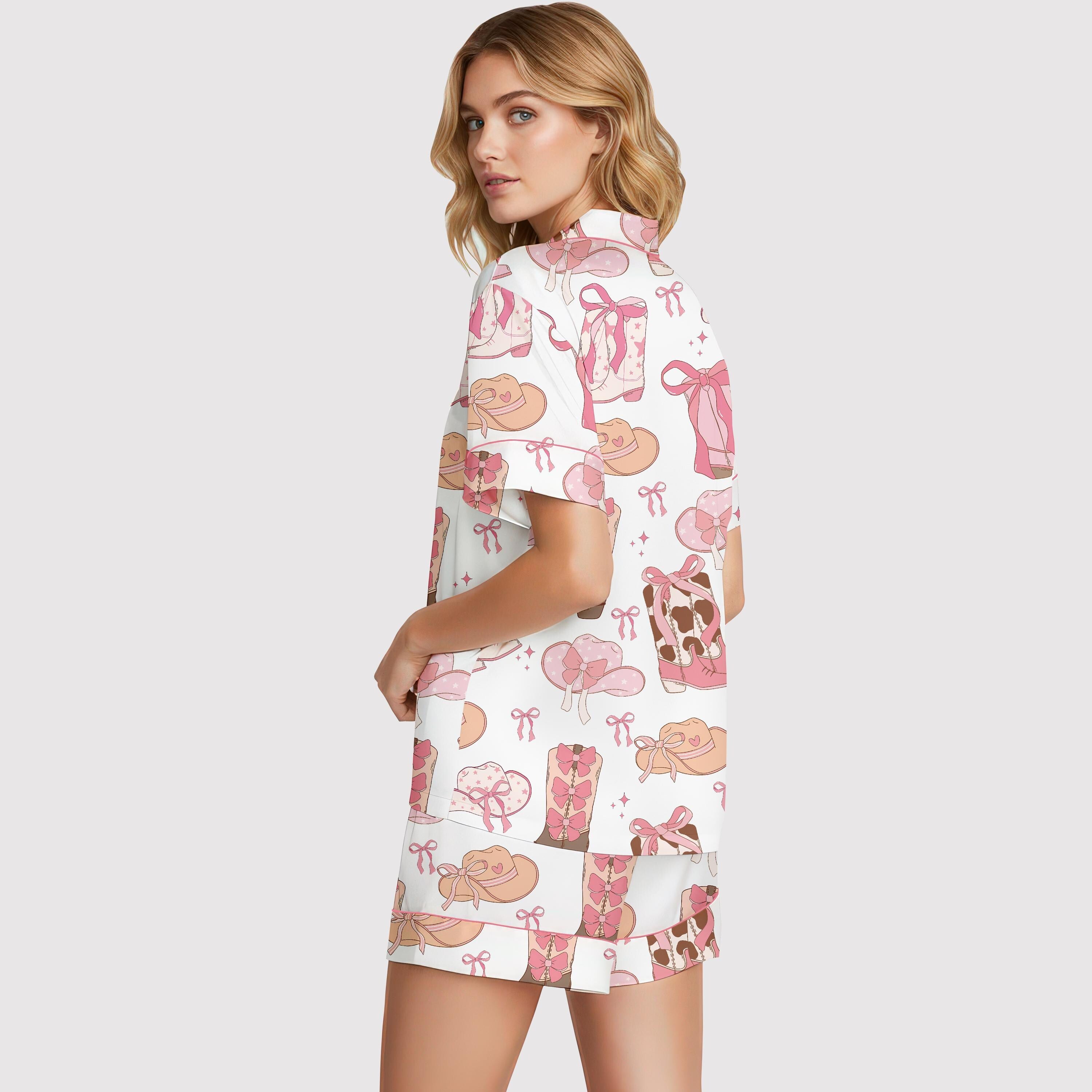 Coquette Cowgirl Pajama Set, Pink Western Boots & Bows Sleepwear