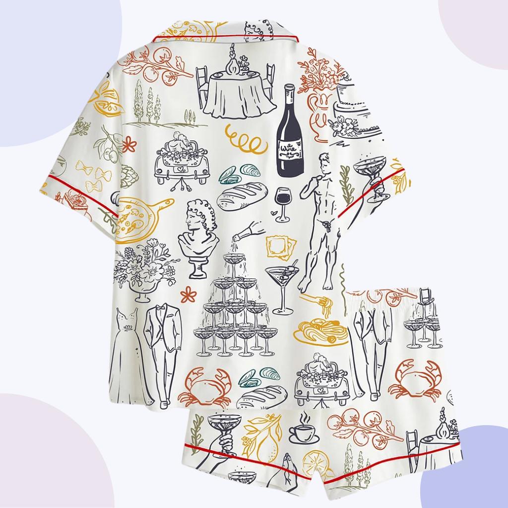 Italian Summer Wedding Pajamas, Pizza & Wine Print Sleepwear