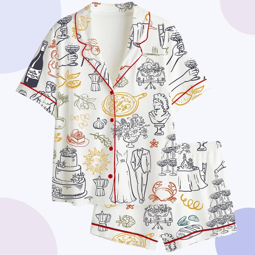 Italian Summer Wedding Pajamas, Pizza & Wine Print Sleepwear