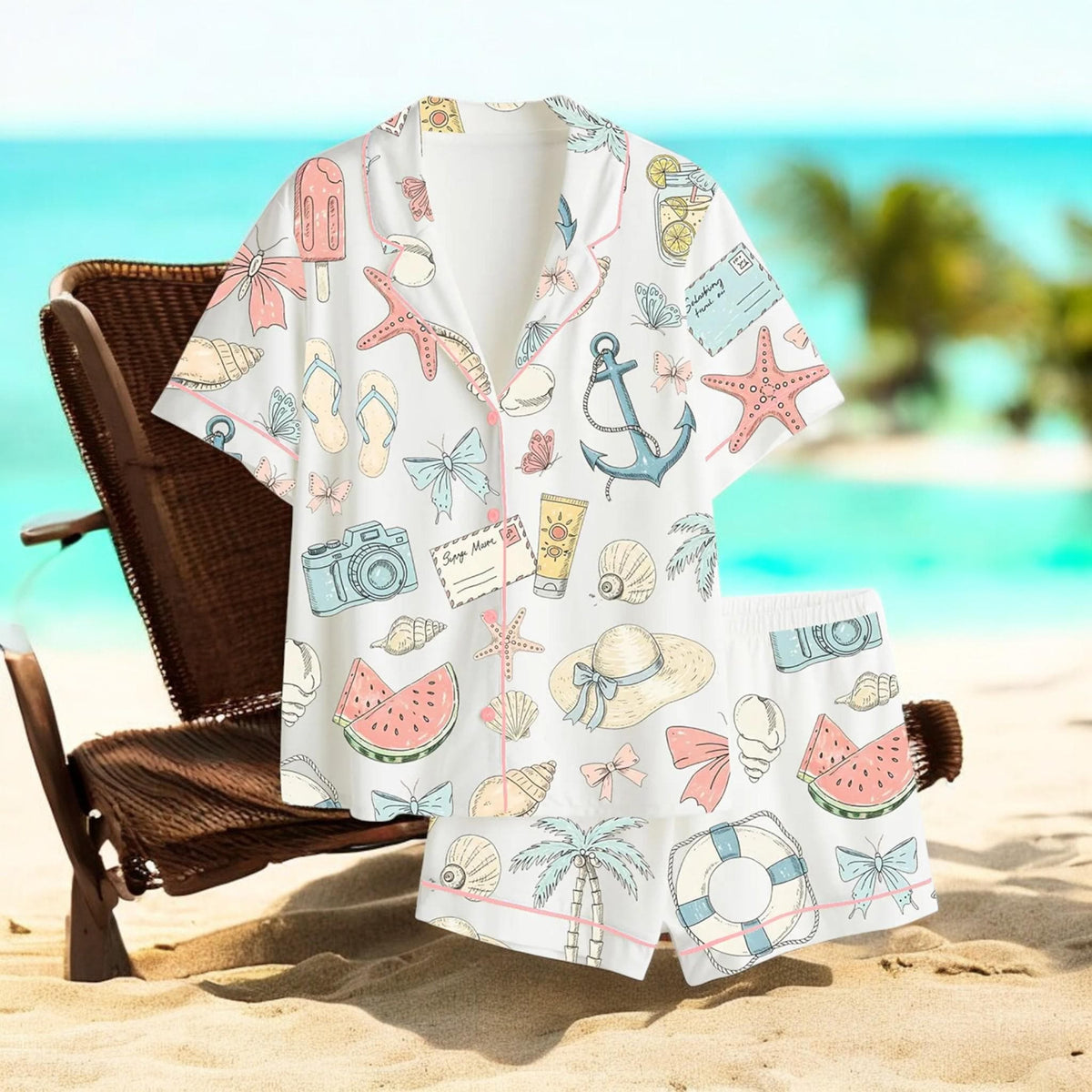 Anchor Starfish Summer Pajamas, Nautical Beach Vacation Sleepwear Set, Starfish Ocean PJs, Beach Party Gift Her