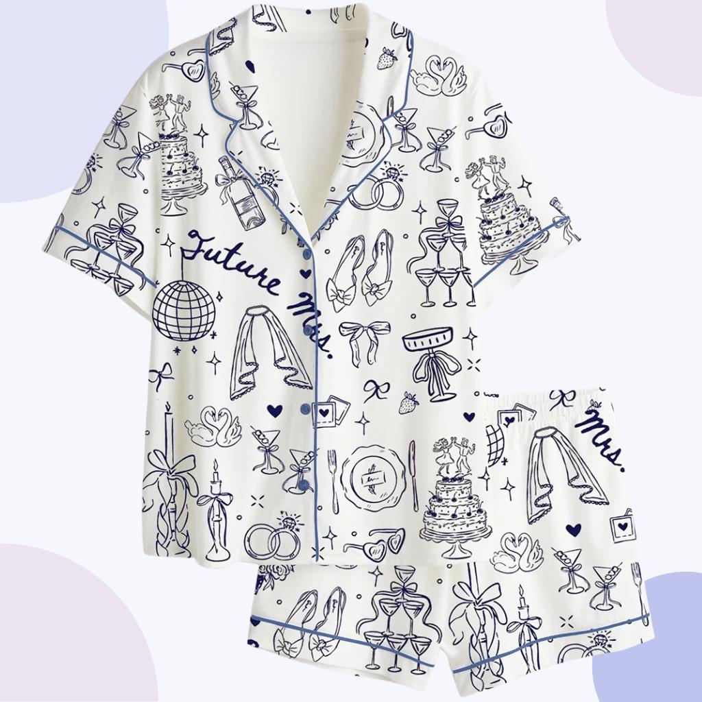 Bridal Party Pajama Set, Whimsical Wedding Print Sleepwear