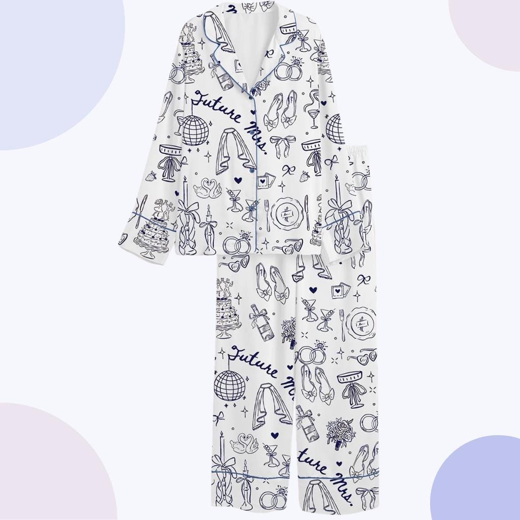 Bridal Party Pajama Set, Whimsical Wedding Print Sleepwear