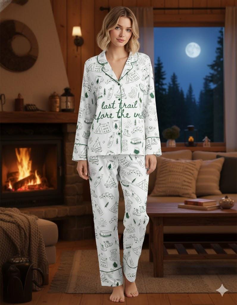 Last Trail Before The Veil Camping Pajamas Set, Bridal Party Sleepwear, Outdoorsy Bachelorette Party Pjs, Camping Theme Bride Gift