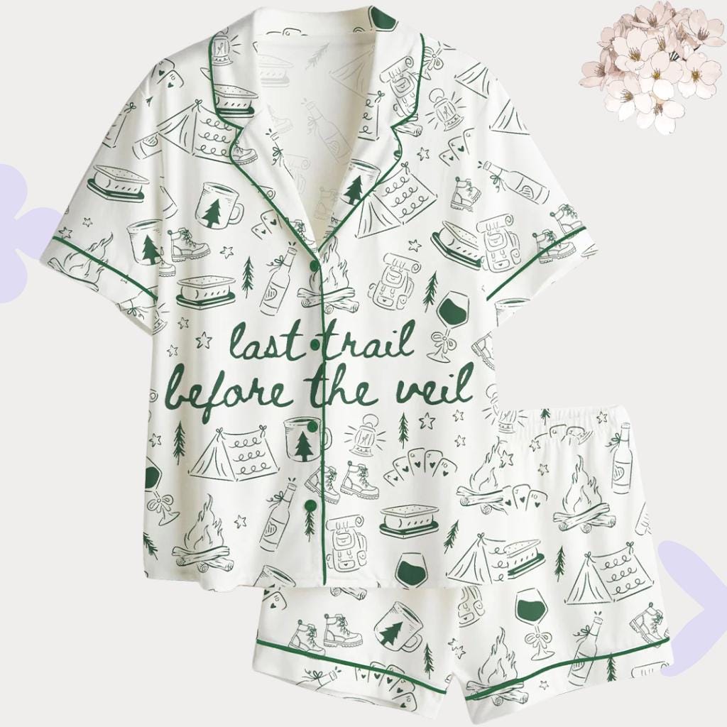 Last Trail Before The Veil Camping Pajamas Set, Bridal Party Sleepwear, Outdoorsy Bachelorette Party Pjs, Camping Theme Bride Gift