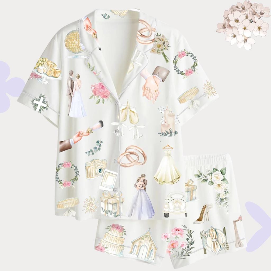 Custom Wedding Pajamas Set, Watercolor Bridal Pjs, Bride To Be Gift, Honeymoon Lounge Set, Bridal Shower Gift, Wedding Morning Outfit