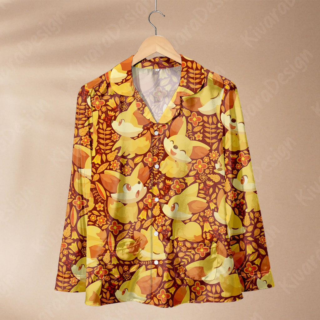 Fennekin Art Pajama Set, Soft Polyester Anime Sleepwear Fox Manga Gamer Cozy Set