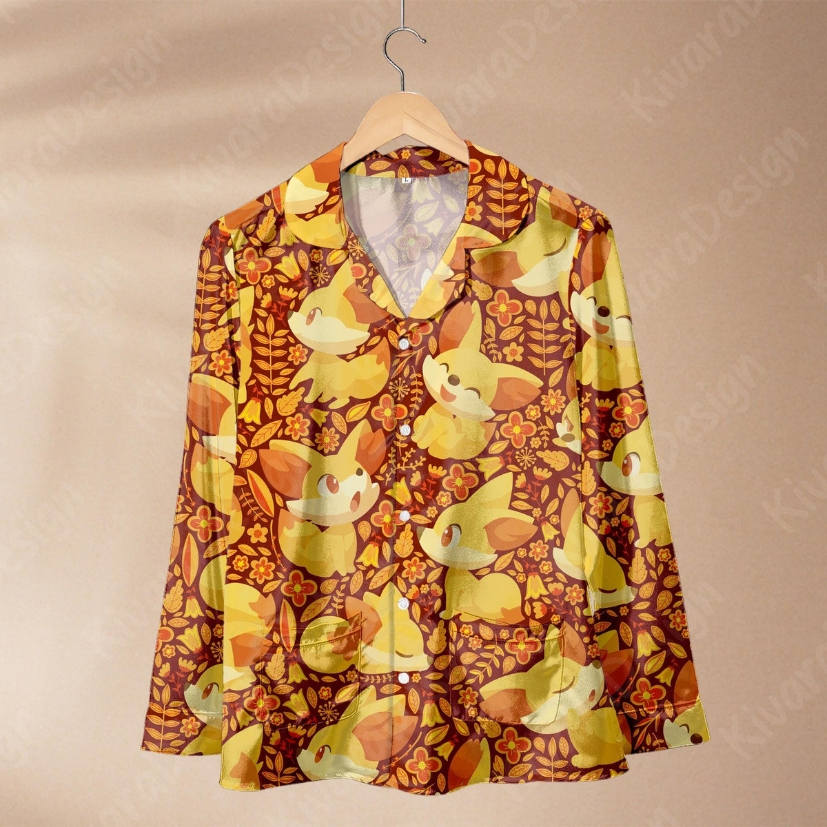 Fennekin Art Pajama Set, Soft Polyester Anime Sleepwear Fox Manga Gamer Cozy Set