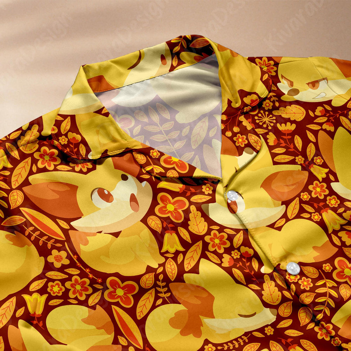 Fennekin Art Pajama Set, Soft Polyester Anime Sleepwear Fox Manga Gamer Cozy Set