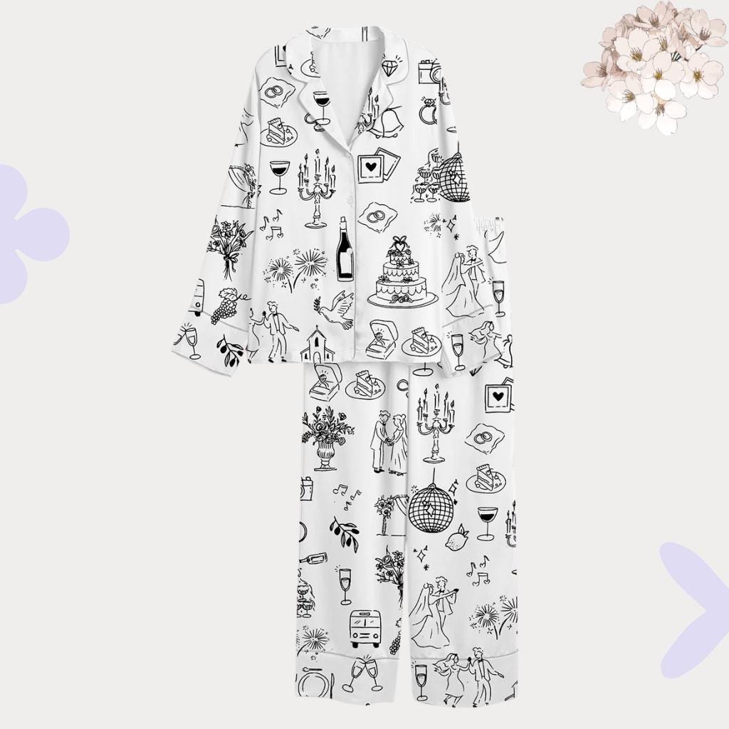 Women's Wedding Pajamas, Romantic Line Art Sleepwear, Button Up Lounge Set, Gift for Bride