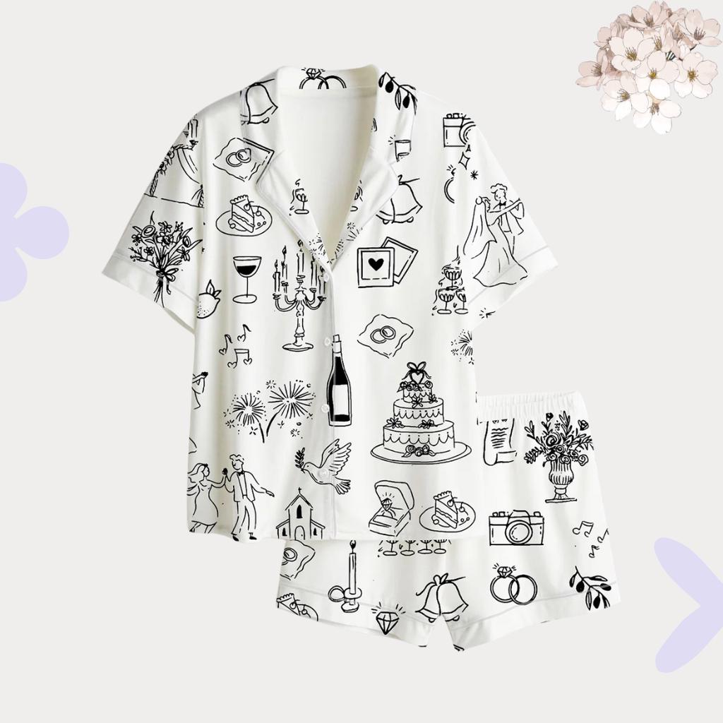 Women's Wedding Pajamas, Romantic Line Art Sleepwear, Button Up Lounge Set, Gift for Bride