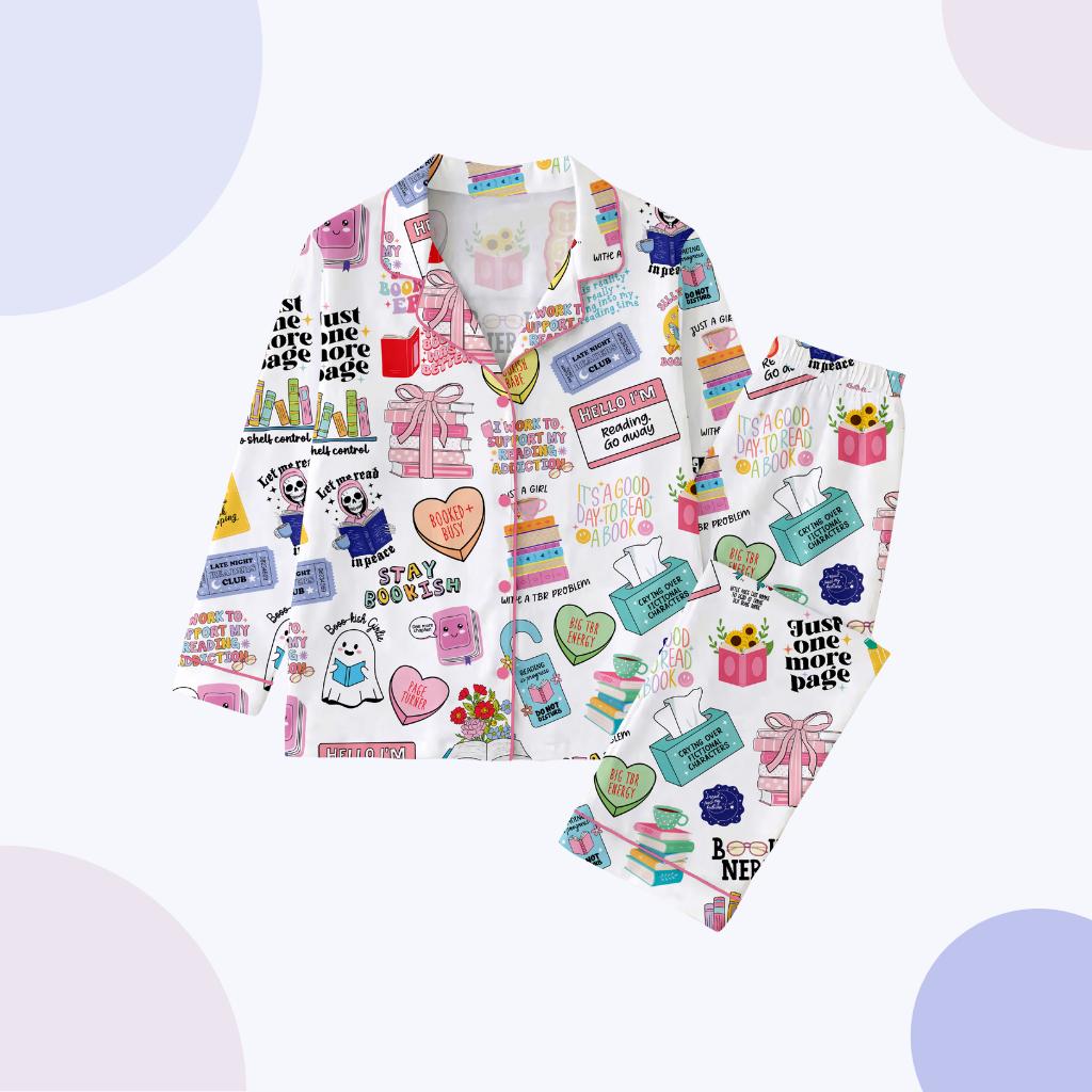 Women's Book Lover Pajamas, Bookish Print Sleepwear, Reading Theme Button Up Lounge Set
