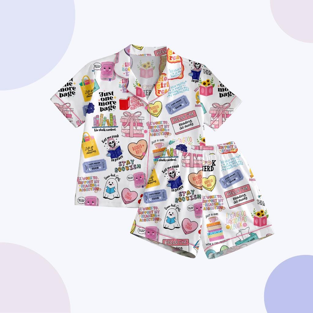 Women's Book Lover Pajamas, Bookish Print Sleepwear, Reading Theme Button Up Lounge Set