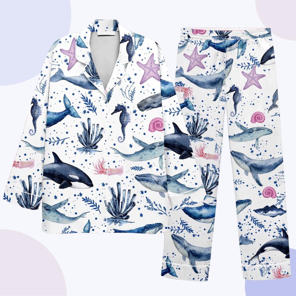 Watercolor Whale Pajama Set – Nautical Ocean Print Women's Sleepwear