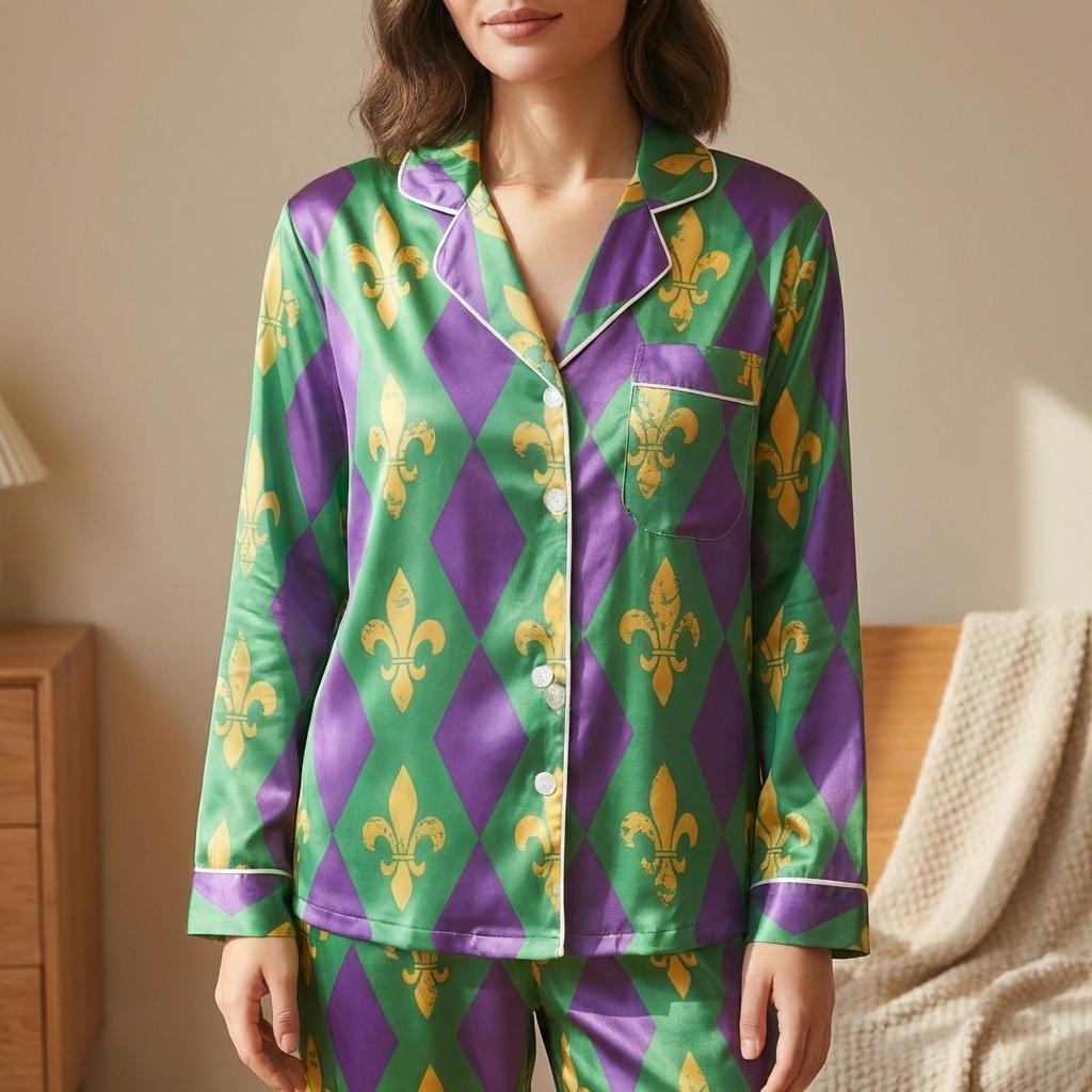Mardi Gras Satin Pajamas Set, Funny New Orleans Carnival Themed Pajamas for Party Lovers, Louisiana Festival Sleepwear, Fleur de lis Pajamas