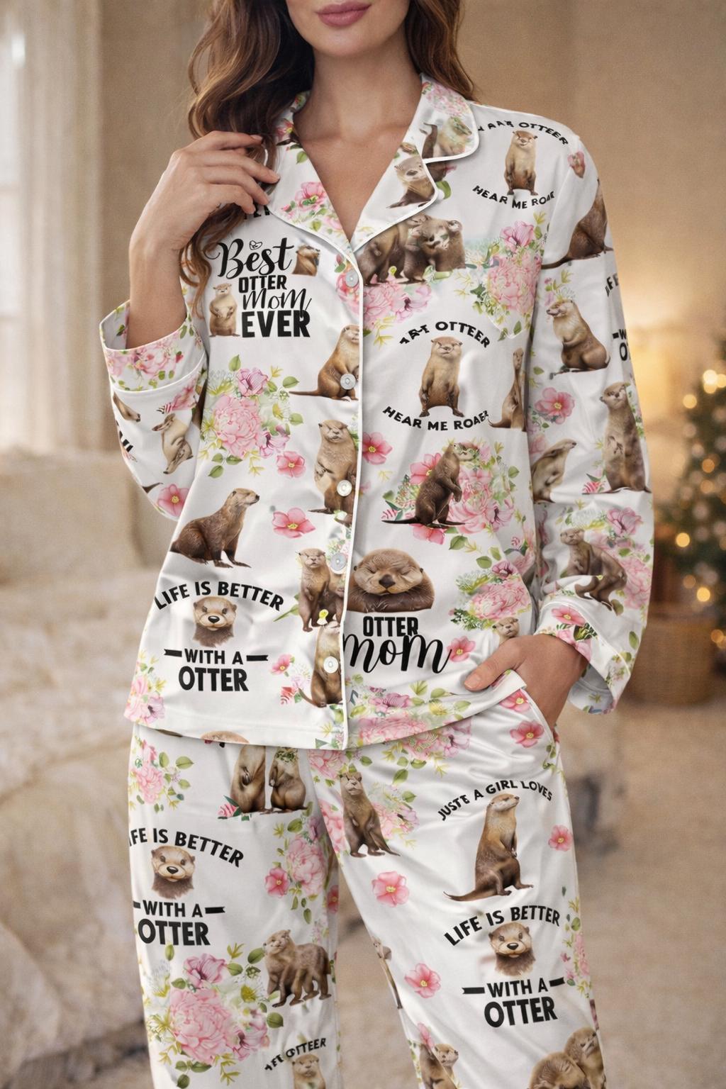 Otter Mom Pajama Set: Women's Satin Lounge Sleepwear