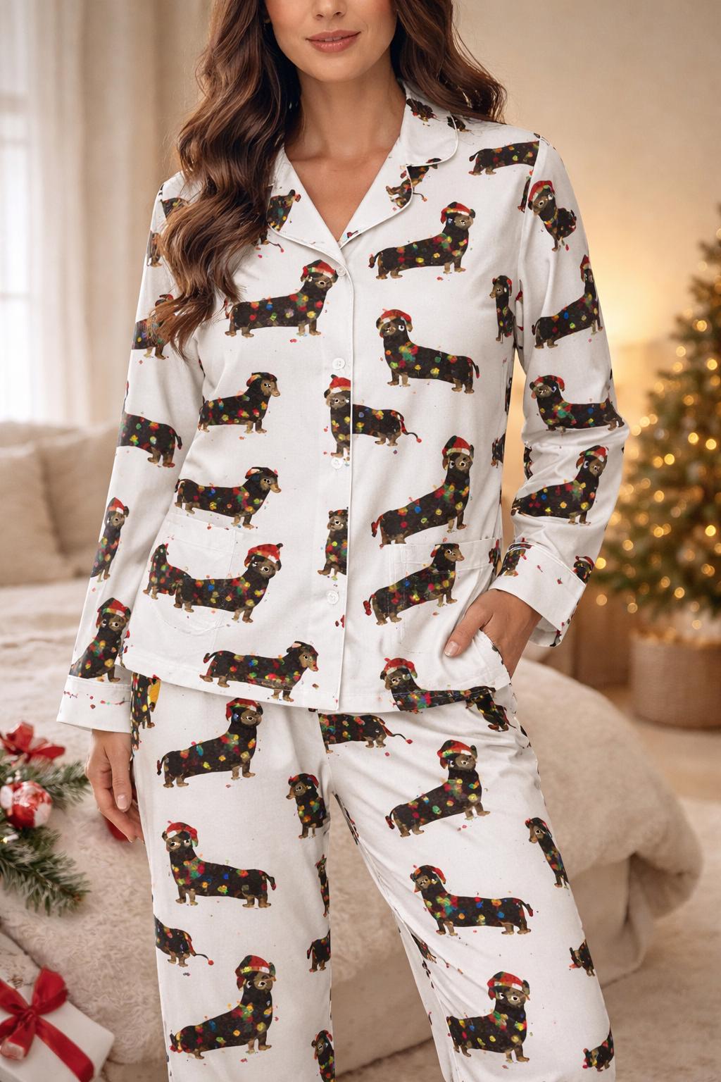 Dachshund Pajama Set: Women's Satin Silk Style, Christmas Dogs