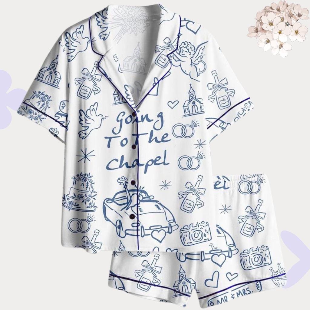 Blue Toile Wedding Pajamas, Bridal Morning Short PJs, Honeymoon Sleepwear