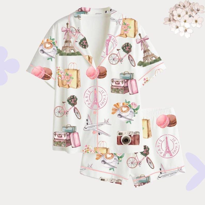 Travel Pajama Set Satin Sleepwear Paris Print Vacation Gift for Her