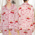 Pink Cherry Print Pajama Set - Women's Satin Sleepwear