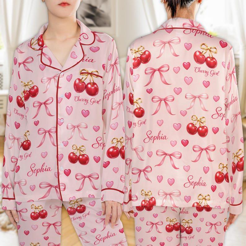 Pink Cherry Print Pajama Set - Women's Satin Sleepwear