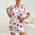 Cherry Print Pajama Set Satin Sleepwear Lips Wine Pattern Gift for Her