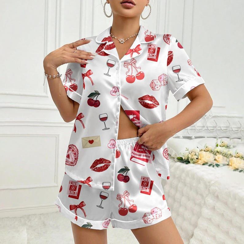Cherry Print Pajama Set Satin Sleepwear Lips Wine Pattern Gift for Her