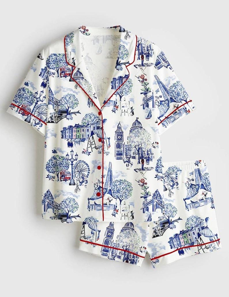 London Print Pajama Set Satin Sleepwear Travel Gift for Her
