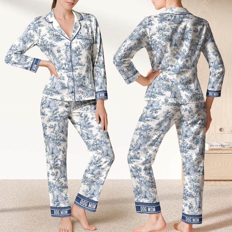 Blue Toile Pajama Set: Women's Satin Lounge Wear