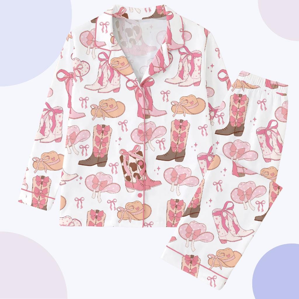Coquette Cowgirl Pajama Set, Pink Western Boots & Bows Sleepwear